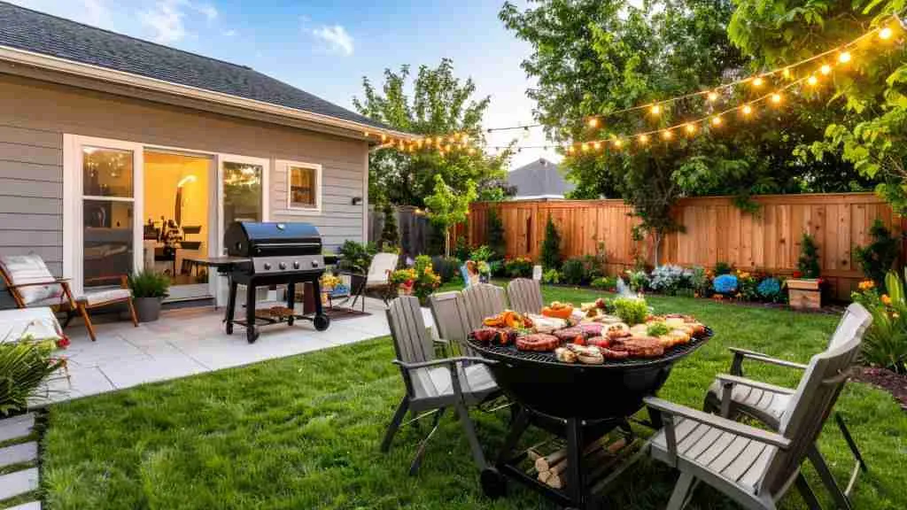 Backyard remodeling with an outdoor dining area, grill station, and warm string lighting.