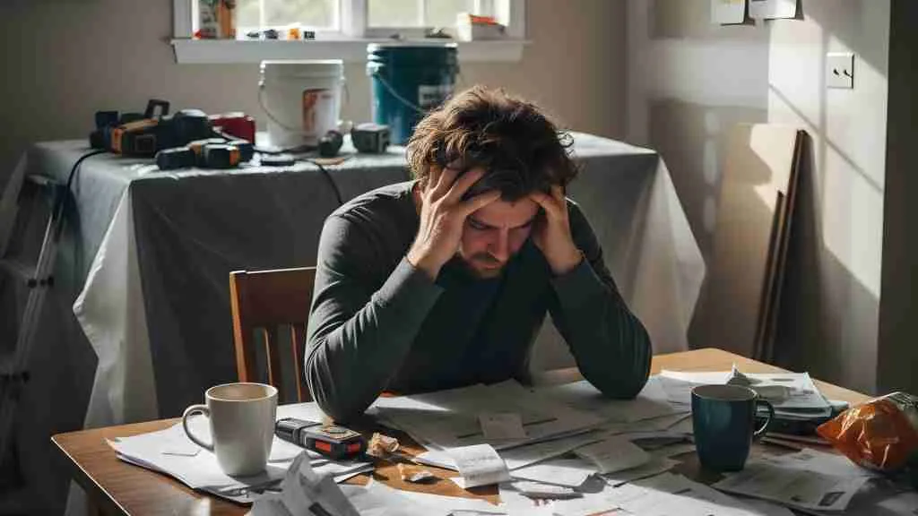 Overwhelmed homeowner reviewing home remodeling expenses