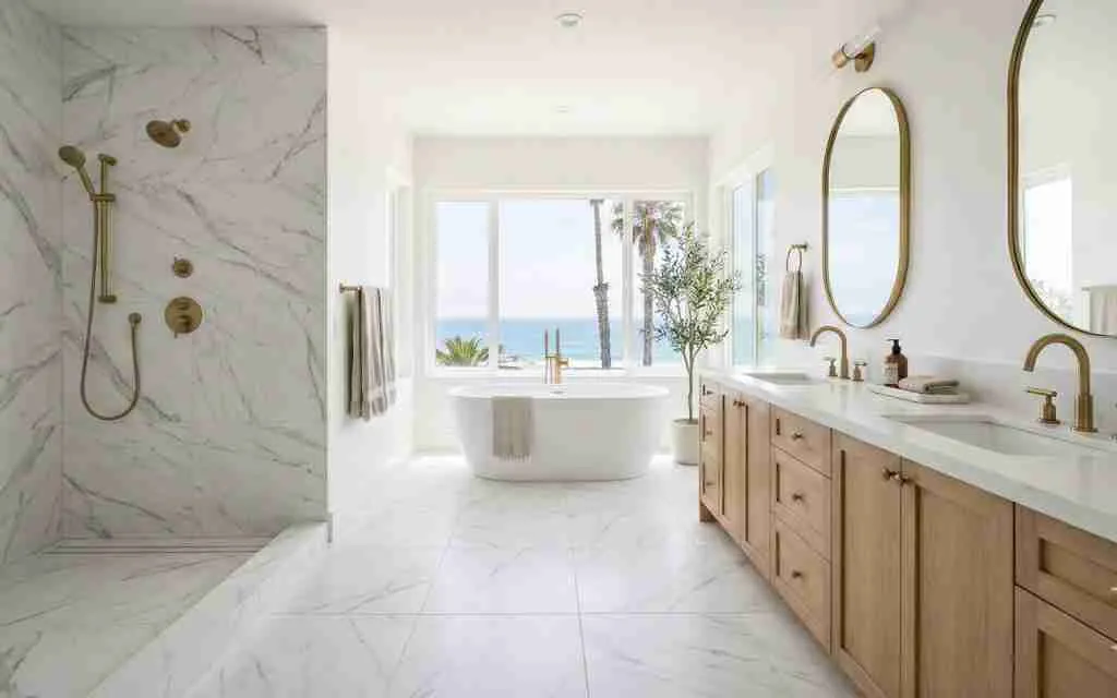 luxury bathroom renovation, modern bathroom design, custom bathroom remodel, shower installation, vanity upgrade