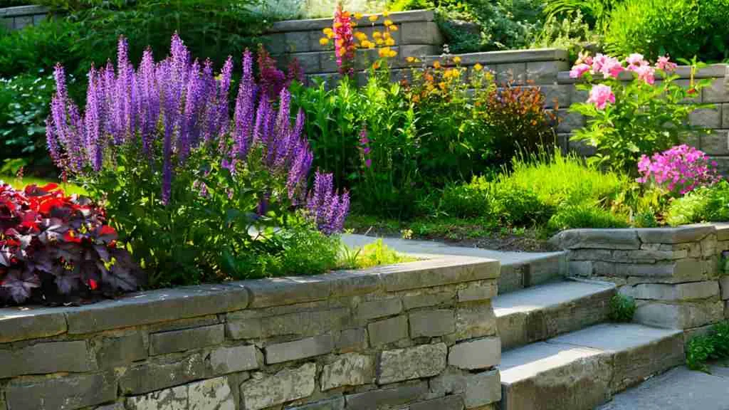 Terraced stone retaining walls creating multiple planting levels in a sloped yard