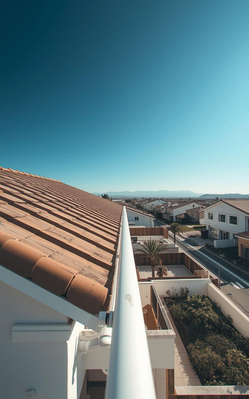 Clay tile roofing with integrated gutter system installation, featuring precise alignment and secure water flow management to protect the structure from runoff while enhancing the home’s durability, curb appeal, and long-term weather resistance