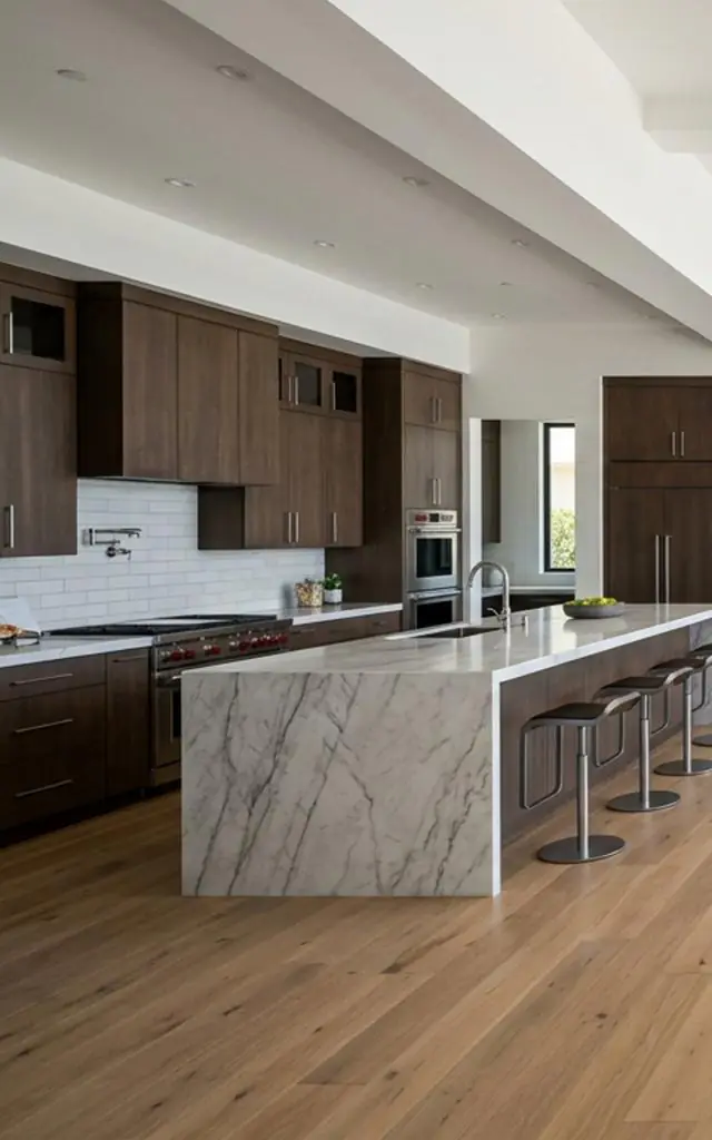 Modern kitchen remodeling by IO Builders Group with custom wood cabinetry, marble island, and open-concept layout