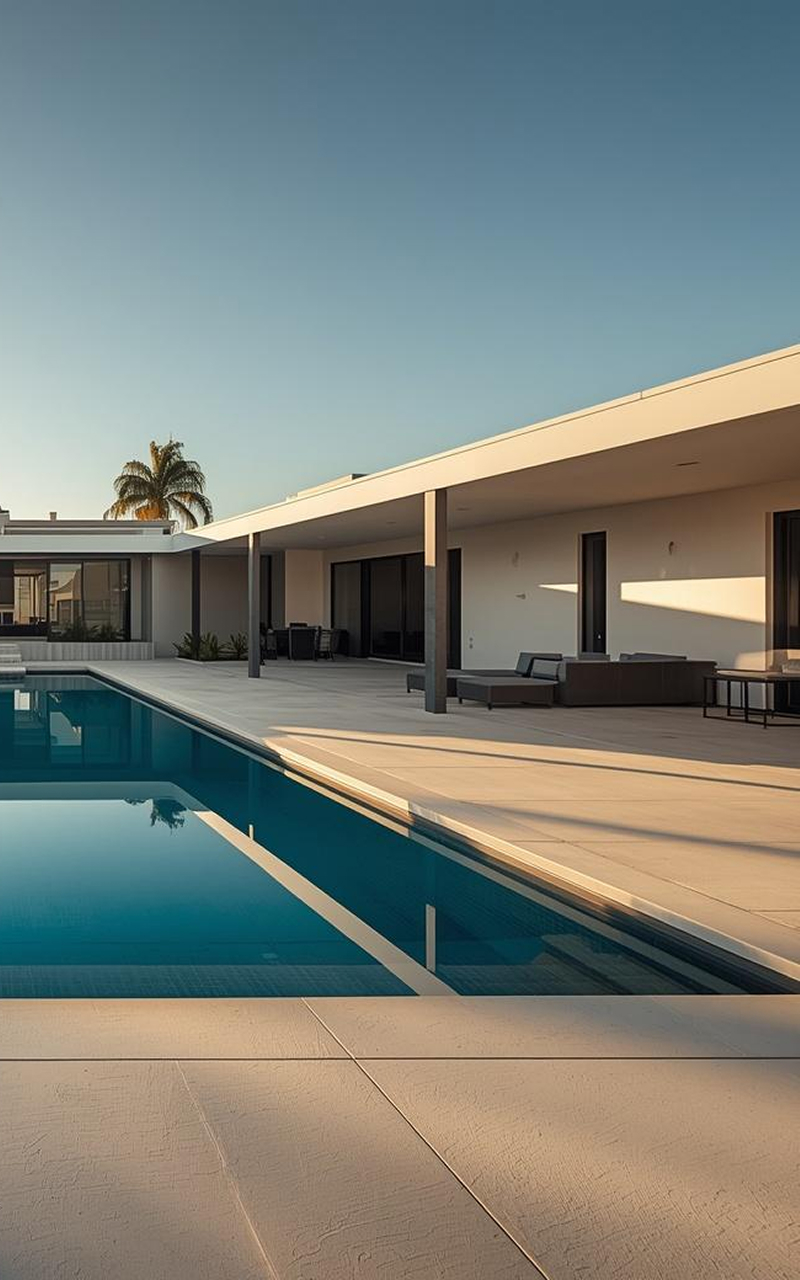 Landscaping design for a modern backyard featuring a sleek pool, large concrete patio, minimalist layout, and clean outdoor living space designed for relaxation and low-maintenance upkeep