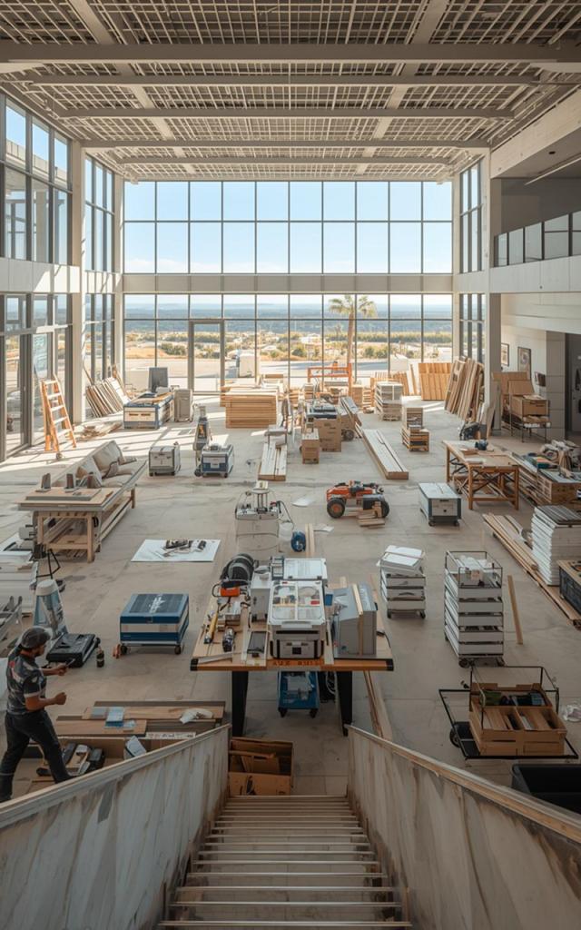Careers in home remodeling with hands-on experience in modern construction projects, featuring a large open workspace with materials prepared for installation and high-end residential build development