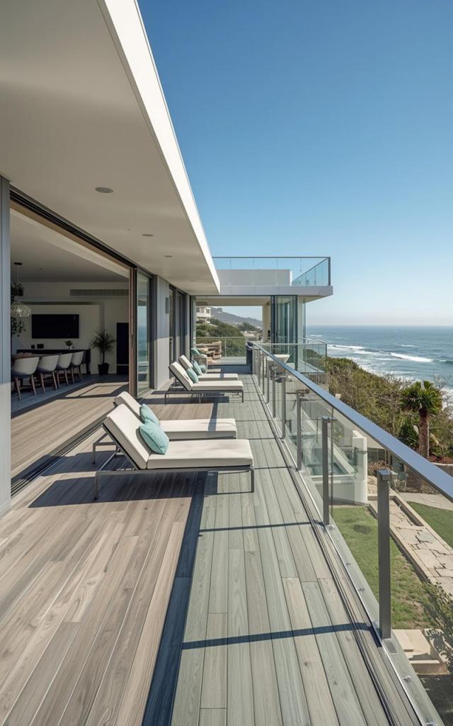 Deck construction featuring modern coastal balcony, glass railing, and ocean-view outdoor living space