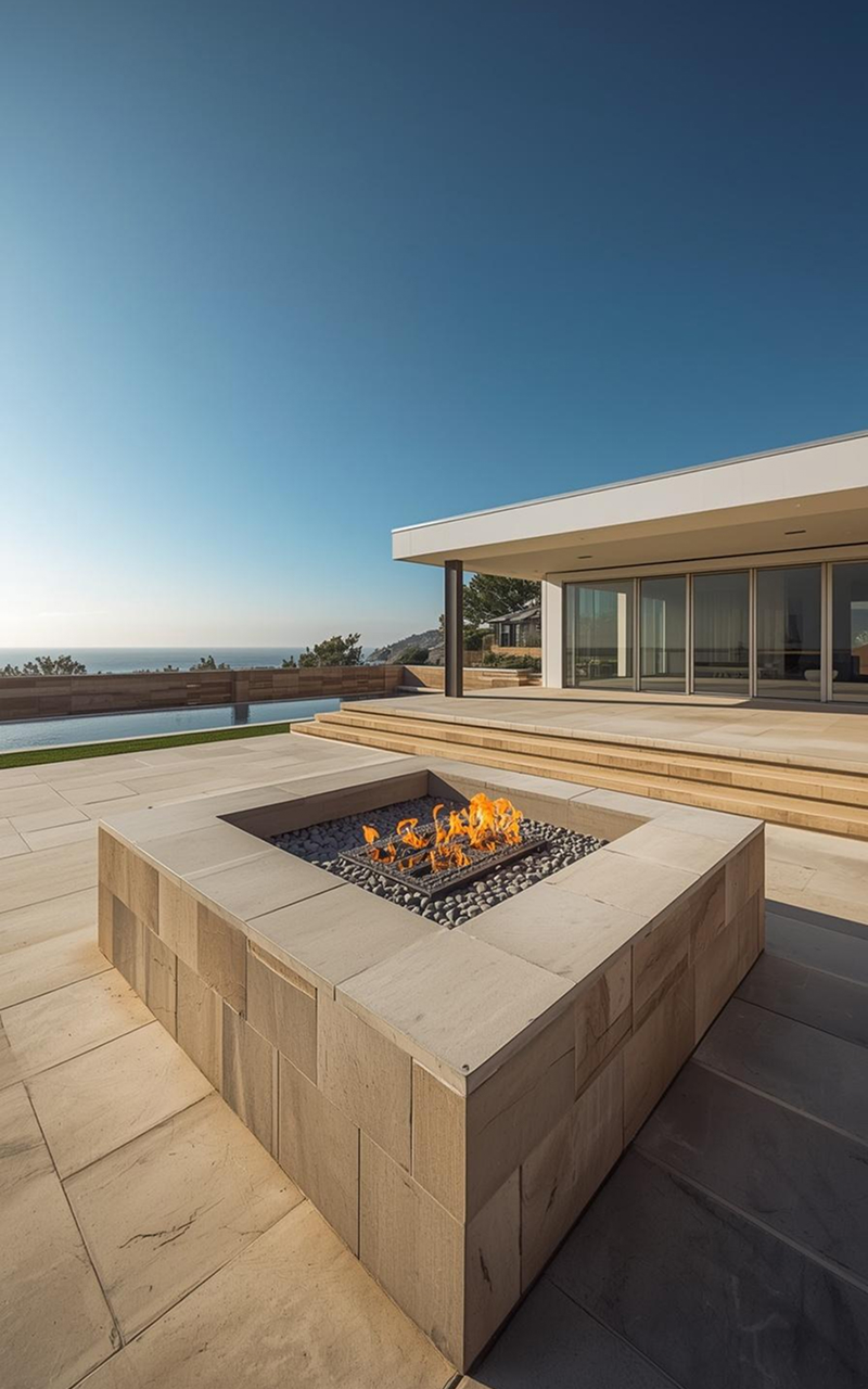 Modern square fire pit with natural stone finish, set on a spacious patio overlooking a scenic coastal view, creating a warm and inviting outdoor living space that blends seamlessly with contemporary architecture and clean landscape design