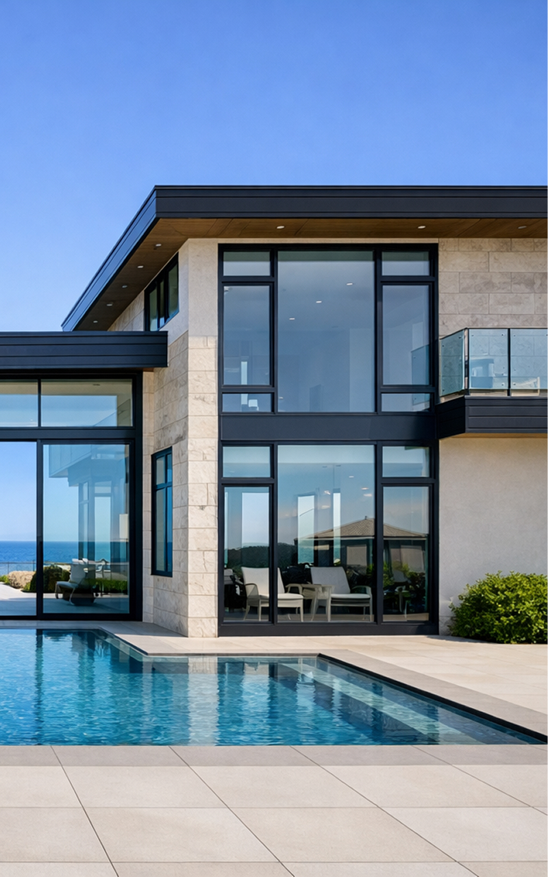 Contemporary home window installation featuring large black-framed floor-to-ceiling glass panels, enhancing natural light and modern aesthetics while creating a seamless connection between indoor living spaces and the outdoor pool area