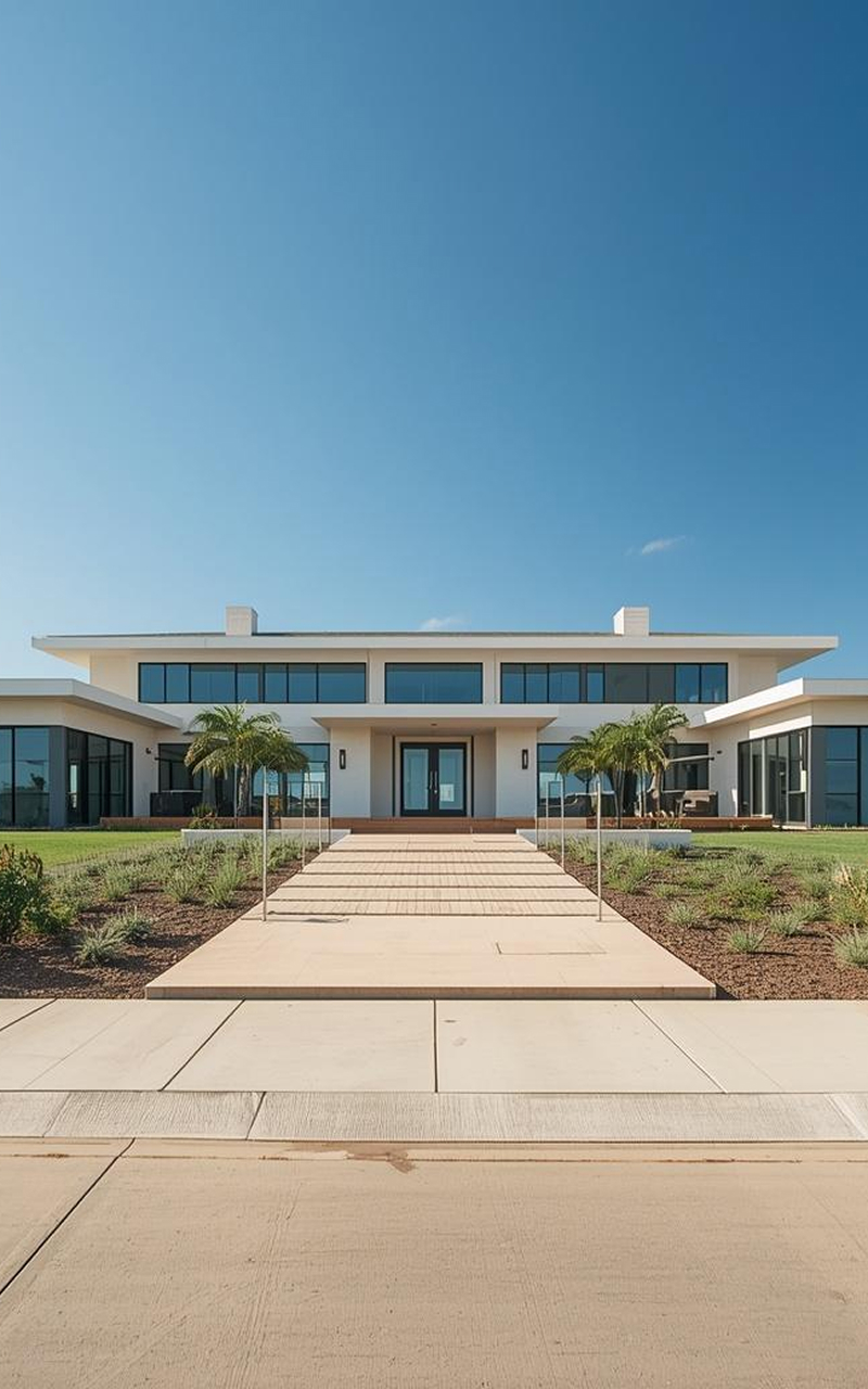 Exterior painting for a modern luxury home with smooth stucco finish, clean white tones, symmetrical design, and enhanced curb appeal with fresh, high-quality paintwork