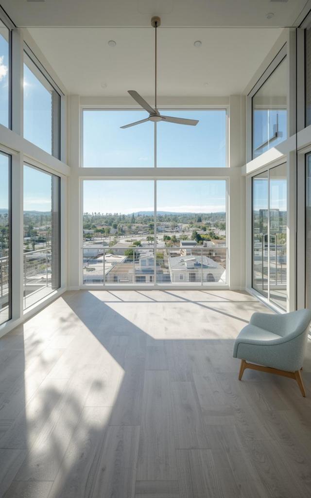 Modern home remodeling in San Diego showcasing a bright, high-ceiling living space with floor-to-ceiling windows, panoramic views, sleek flooring, and natural light that enhances openness and indoor-outdoor living