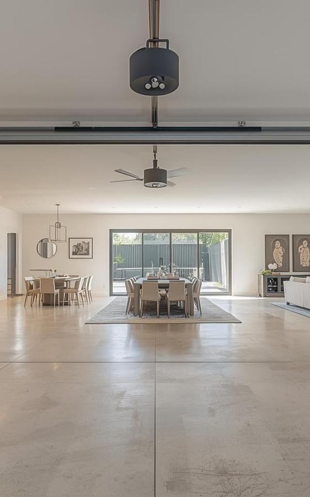 Garage conversion into modern open dining and living space with large sliding doors