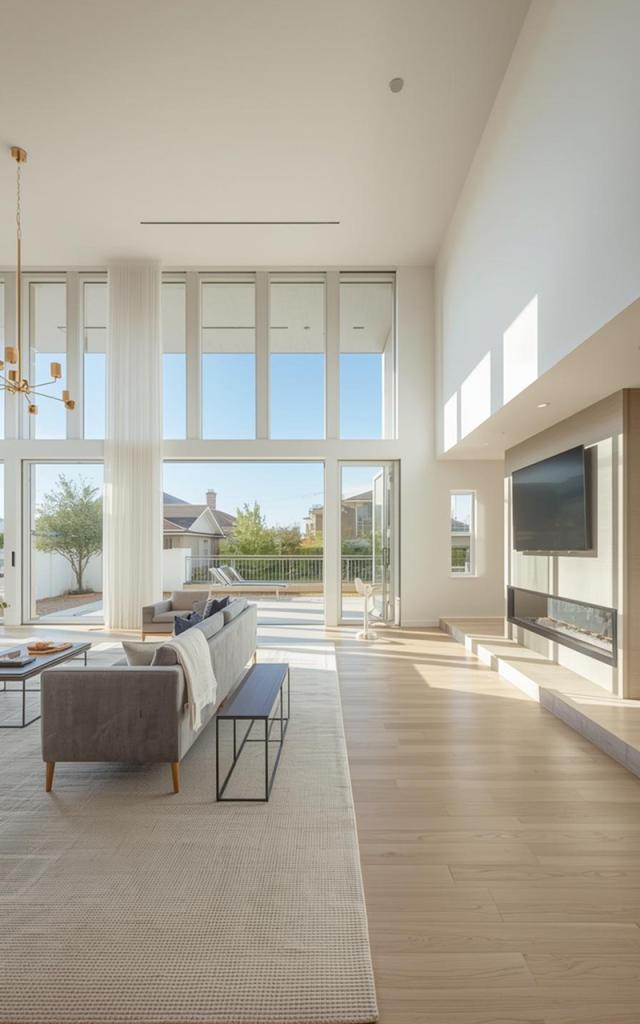 Modern home remodeling in Poway featuring a bright open living room with double-height ceilings, floor-to-ceiling windows, light wood flooring, and a sleek built-in fireplace with seamless indoor-outdoor access