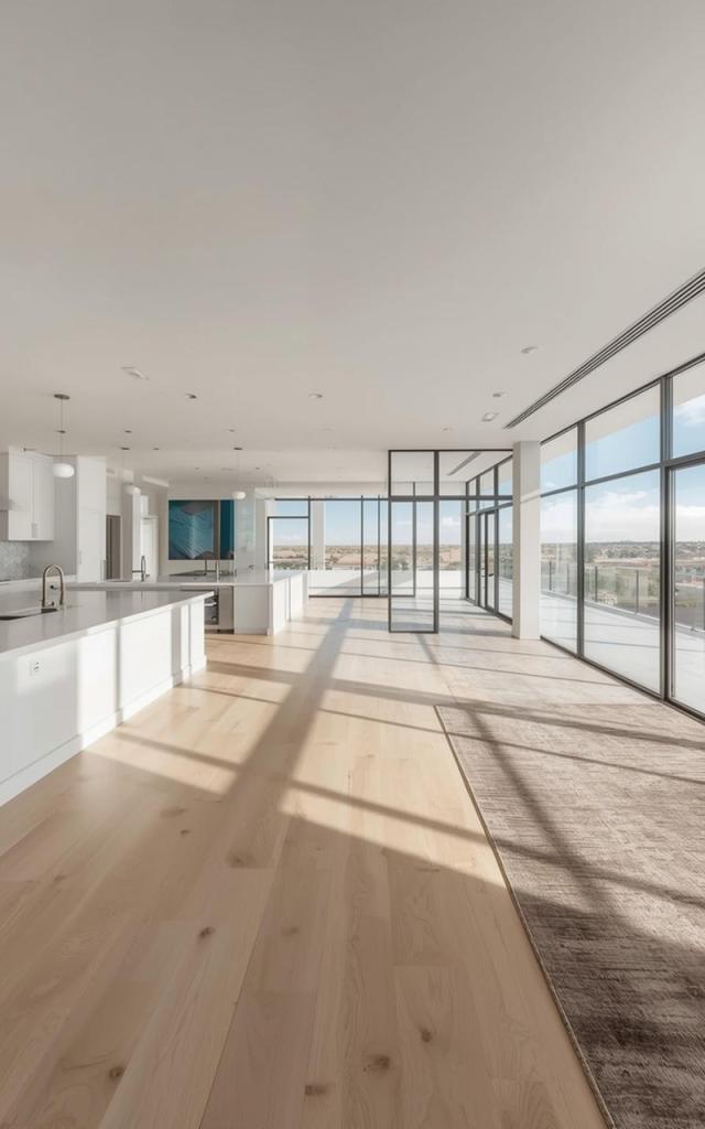 Modern luxury home interior in Chula Vista featuring an expansive open floor plan, floor-to-ceiling windows, and a sleek kitchen design filled with natural light and panoramic views