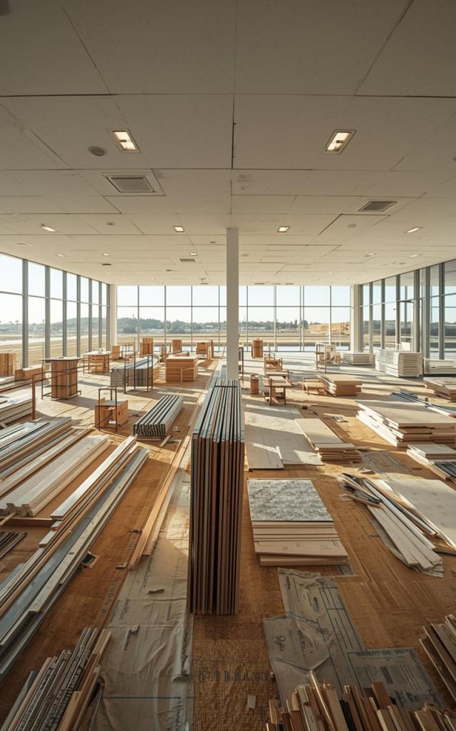 Careers in home remodeling with hands-on experience in modern construction projects, featuring a large open workspace with materials prepared for installation and high-end residential build development