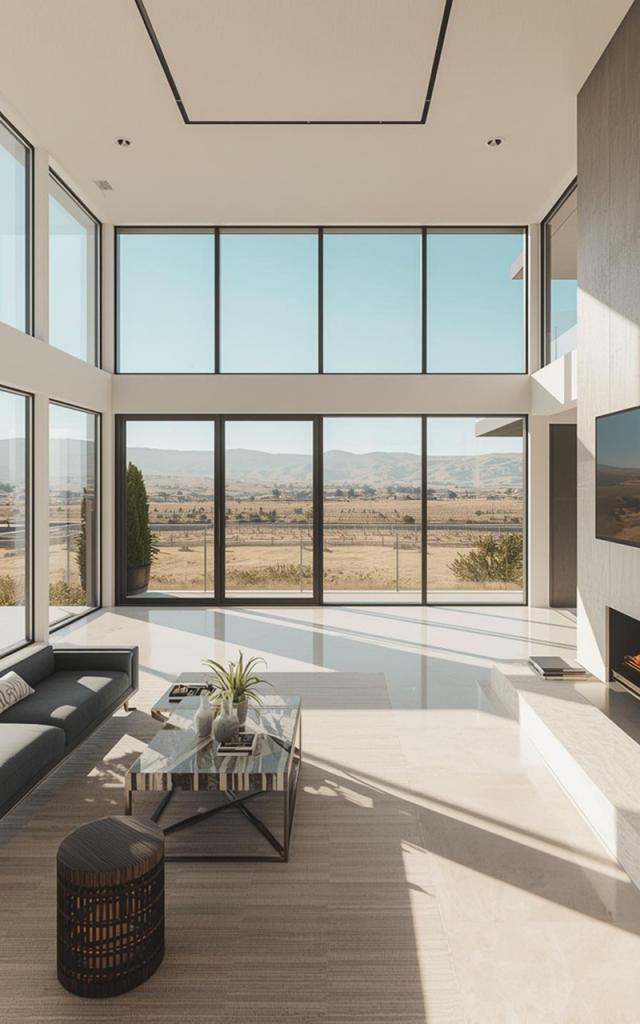 Modern home remodeling in San Diego featuring a bright open living space with floor-to-ceiling glass walls, sleek fireplace, natural light, and expansive outdoor landscape views