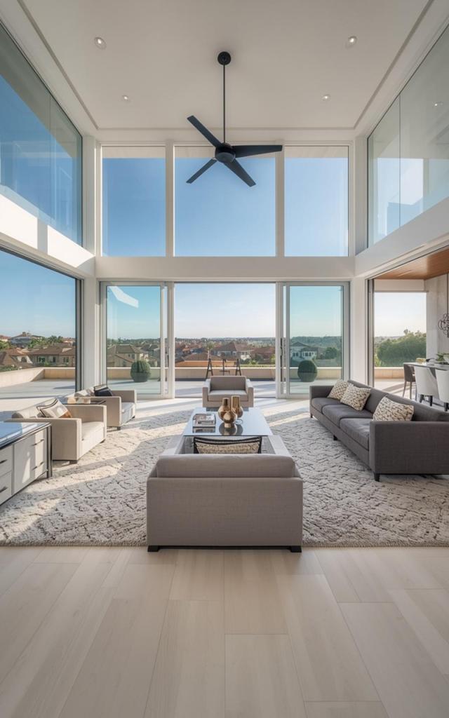 Modern home remodeling in Del Mar featuring a double-height living room with floor-to-ceiling windows, ceiling fan, natural light, and a seamless indoor-outdoor layout with panoramic neighborhood views