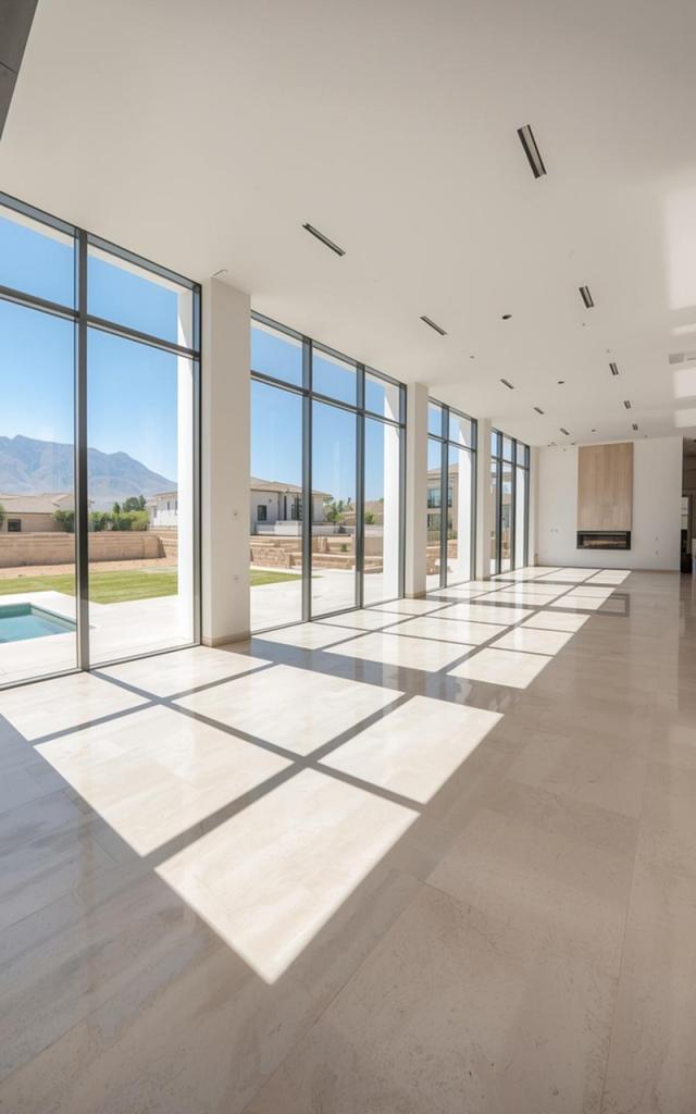 Modern home remodeling in Poway featuring a spacious open living area with floor-to-ceiling windows, polished stone flooring, minimalist design, and abundant natural light with backyard views