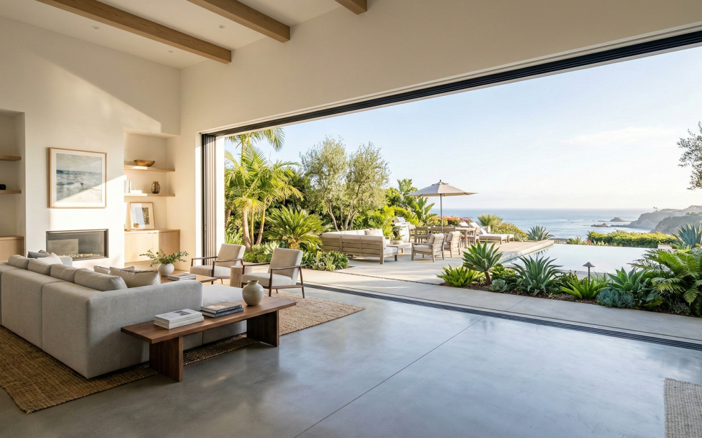 Indoor Outdoor Living Room Ocean View by IO Builders Group in San Diego, CA
