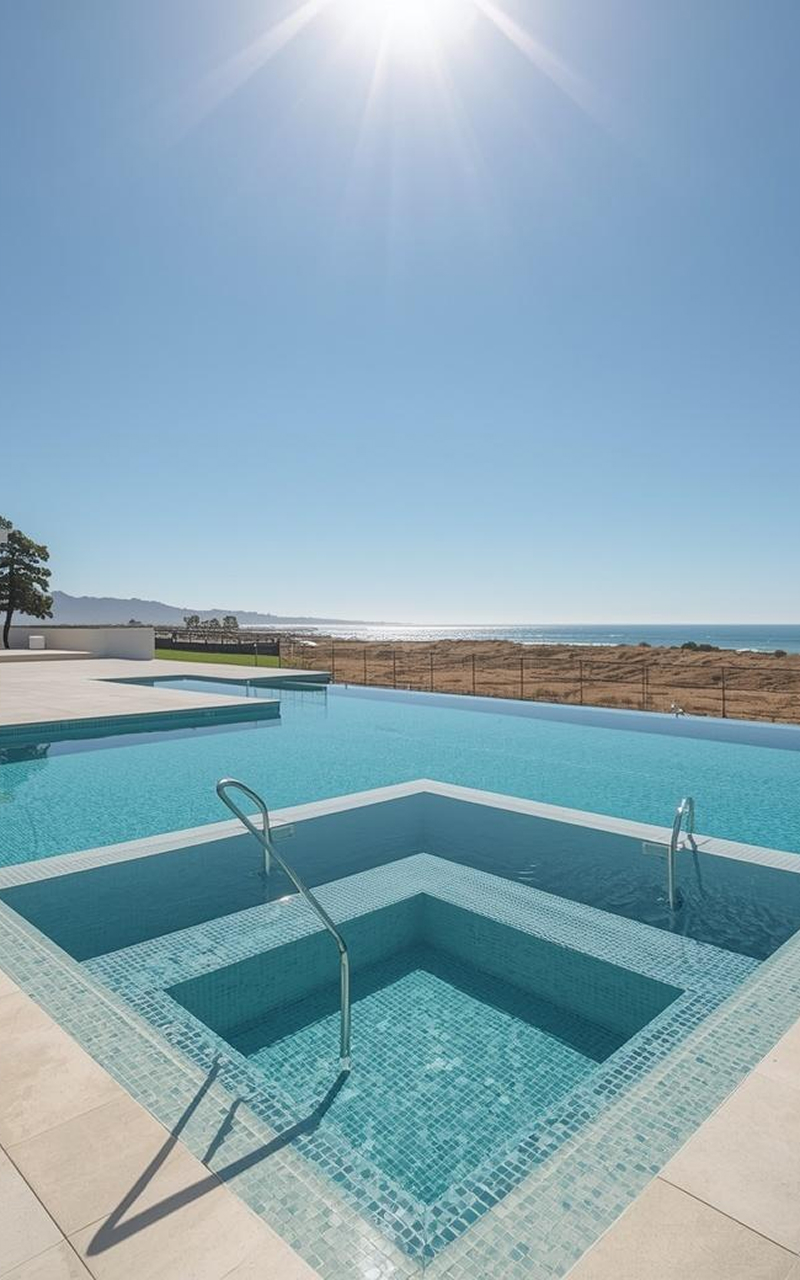 Oceanfront infinity pool and spa with a modern square hot tub, glass tile finish, and clean concrete decking, overlooking a coastal landscape under bright sunlight for a luxury resort-style outdoor experience