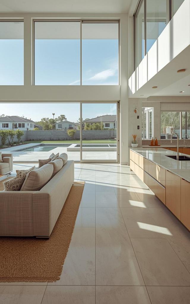 Open-concept home remodeling in La Jolla featuring a modern kitchen and living area with floor-to-ceiling windows, natural light, sleek cabinetry, and seamless indoor-outdoor flow to a backyard pool patio