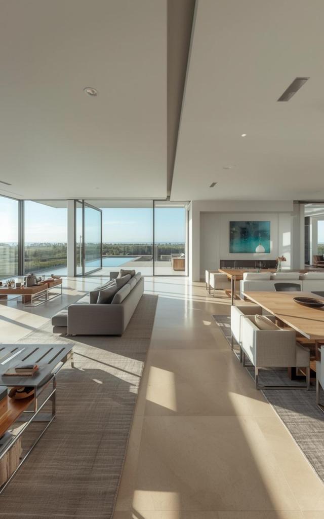Luxury home remodeling in Del Mar featuring a bright open-concept living and dining area with floor-to-ceiling glass doors, modern finishes, expansive views, and seamless indoor-outdoor living design