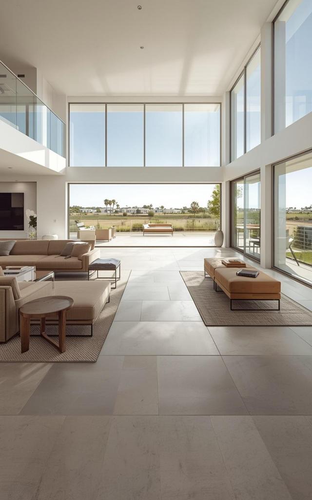 Modern home remodeling in Carlsbad with a bright open living room, floor-to-ceiling windows, natural stone flooring, and seamless indoor-outdoor flow overlooking a landscaped backyard