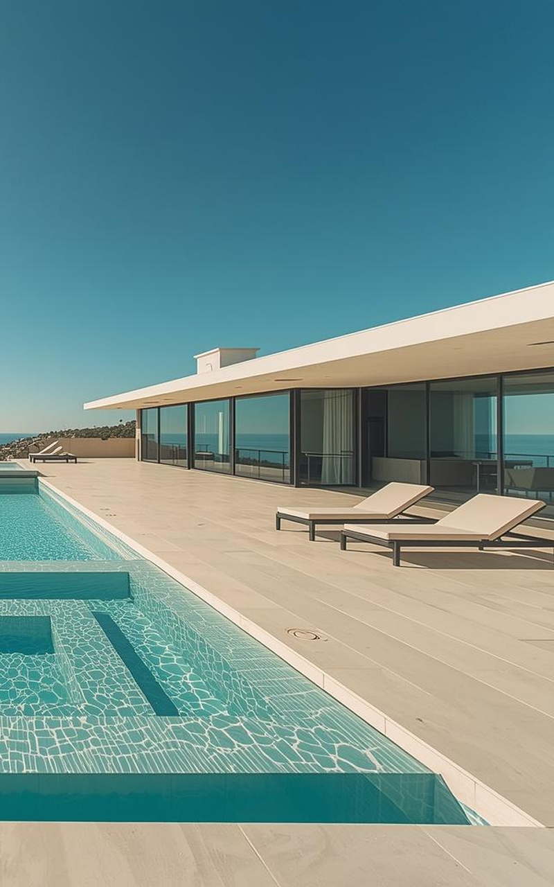 Modern oceanfront pool design with integrated spa, glass tile finish, and expansive concrete deck, complemented by sleek lounge seating and floor-to-ceiling glass doors for seamless indoor-outdoor living and a luxury coastal lifestyle view
