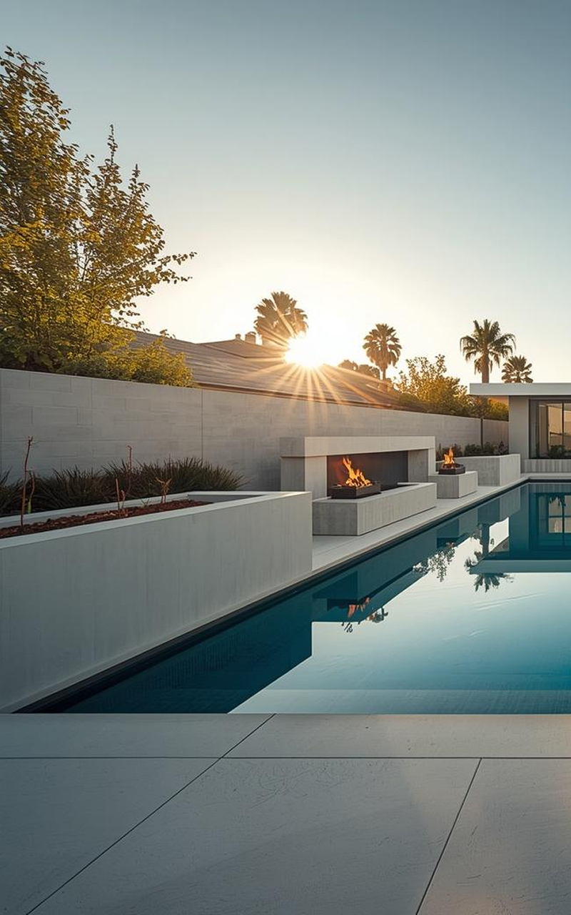 Landscaping design for a modern backyard featuring clean concrete planters, a sleek pool layout, integrated fire features, and minimal drought-tolerant planting for a refined, resort-style outdoor space