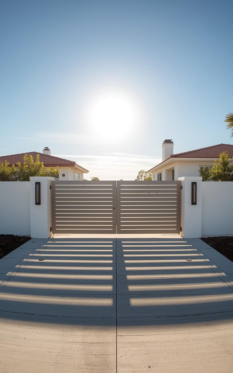 Modern gate & fencing installation in San Diego featuring a clean horizontal metal design with a smooth finish, providing privacy, security, and a sleek, contemporary curb appeal
