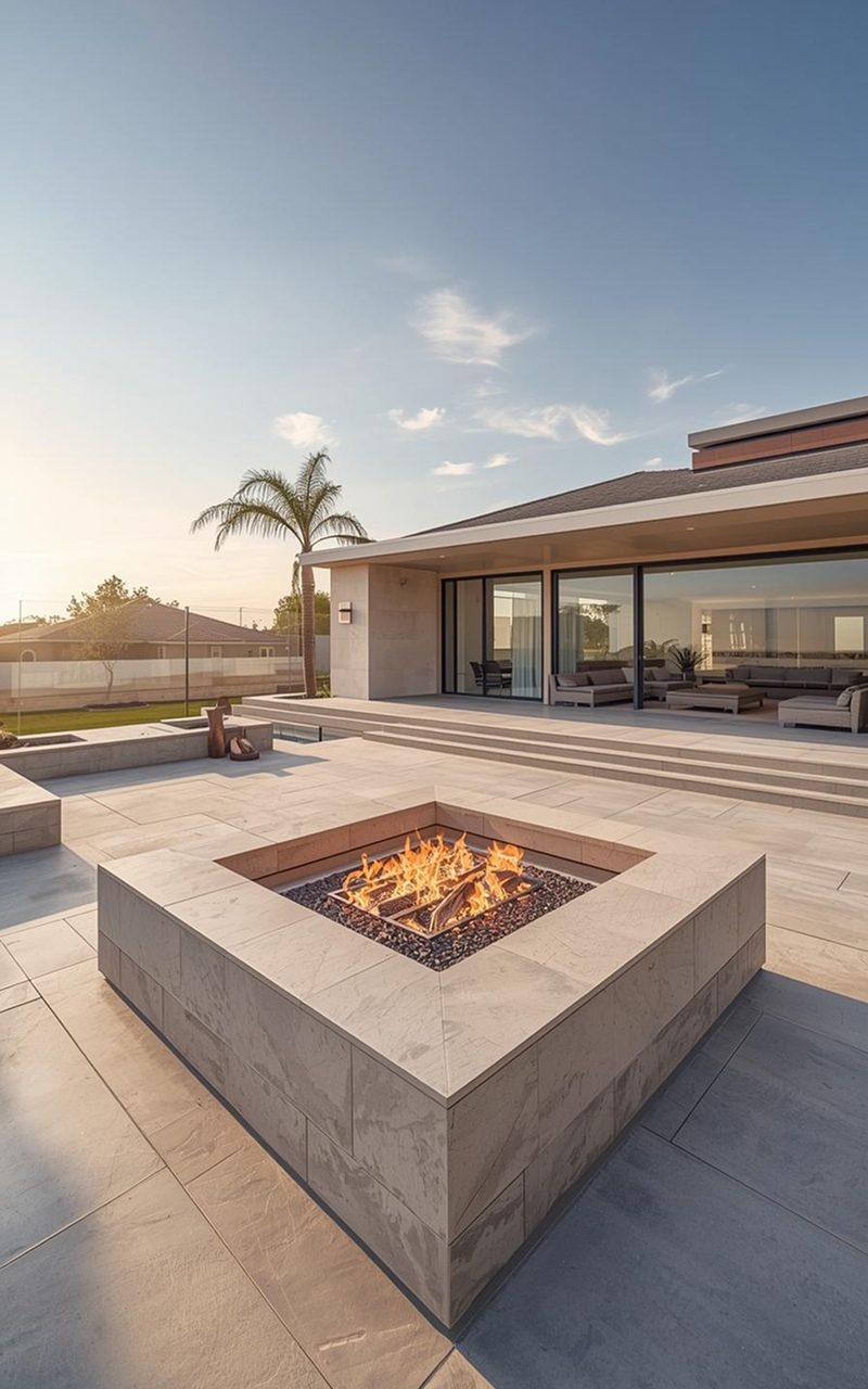 Modern outdoor fire pit with clean stone finish and sunken design, creating a cozy backyard gathering area that blends seamlessly with a spacious patio, open seating, and contemporary home design for relaxed evening entertaining