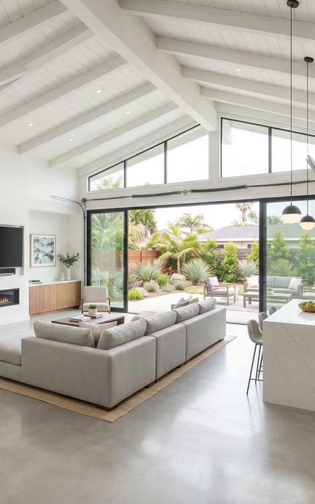 Bright garage conversion with open living space and indoor outdoor connection