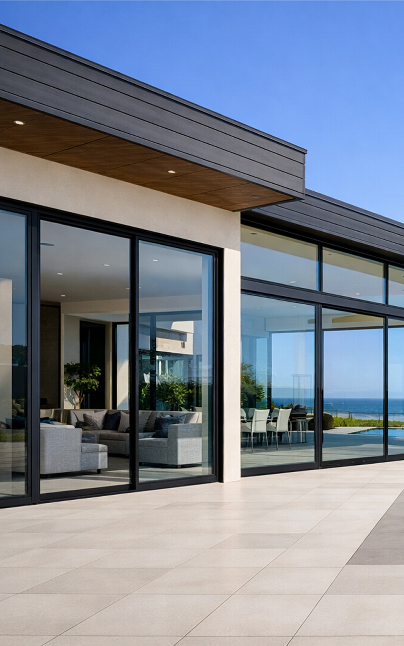 Modern home window installation with large sliding glass doors and floor-to-ceiling panels, designed to maximize natural light and create a seamless indoor-outdoor living space with clean contemporary finishes and ocean views