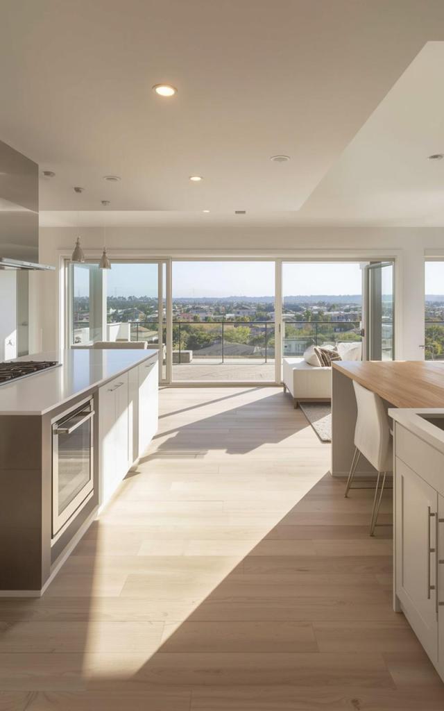 Modern kitchen and living space in Chula Vista featuring a bright open layout, sleek cabinetry, large island, and expansive glass doors that bring in natural light and scenic views