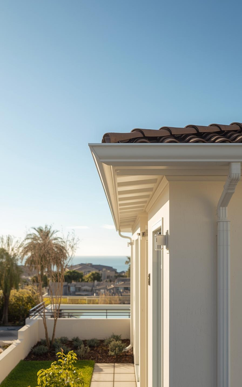 Exterior gutter and downspout installation with clean fascia integration, designed to channel rainwater efficiently away from the home, protect walls and foundation, and maintain a sleek, low-profile look that complements the roofline and overall exterior design