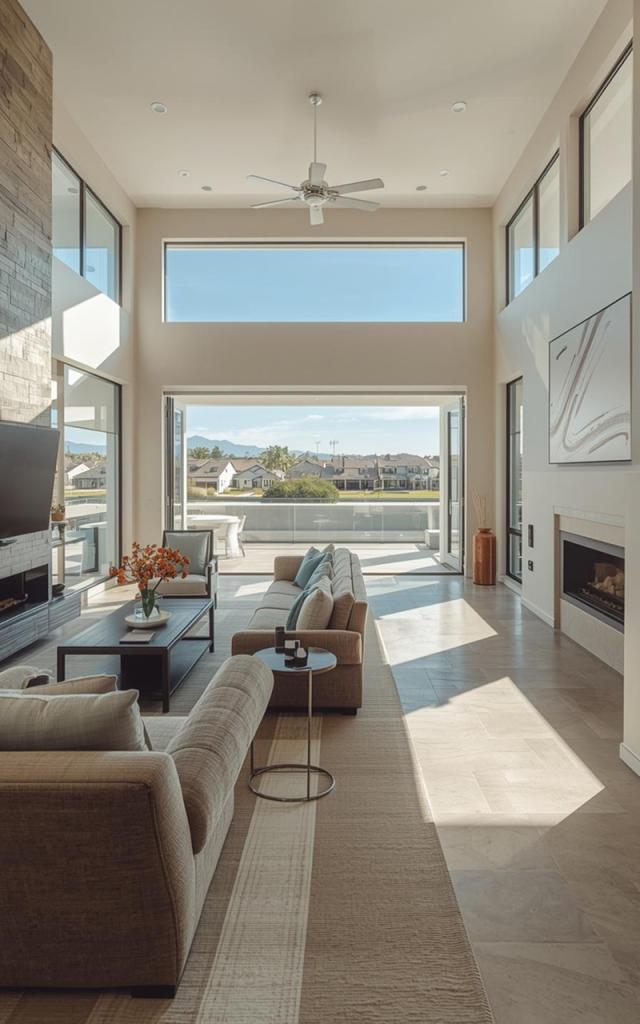 Modern living room remodeling in Santee featuring a bright open layout with high ceilings, large windows, natural light, sleek fireplace, and seamless indoor-outdoor connection through wide glass doors