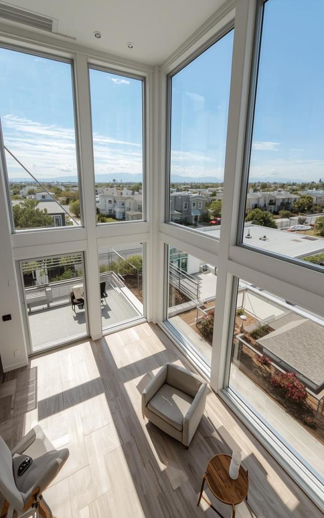 Modern home remodeling in San Diego featuring a stunning double-height space with floor-to-ceiling windows, panoramic city views, abundant natural light, and a clean contemporary design that enhances openness and luxury