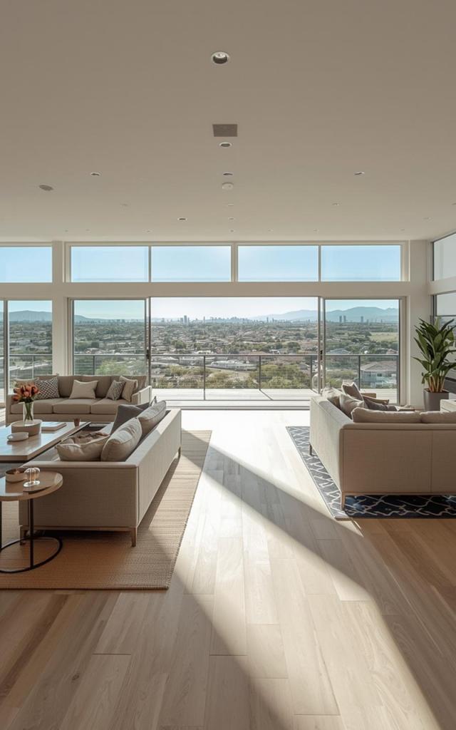 Modern home remodeling in Rancho Peñasquitos featuring a bright open-concept living space with floor-to-ceiling glass doors, panoramic views, natural light, and seamless indoor-outdoor living design