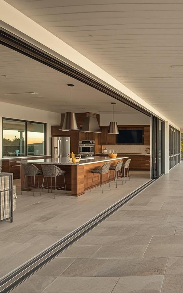 Outdoor remodeling by IO Builders Group featuring luxury outdoor kitchen, sliding glass walls, and seamless indoor-outdoor living space