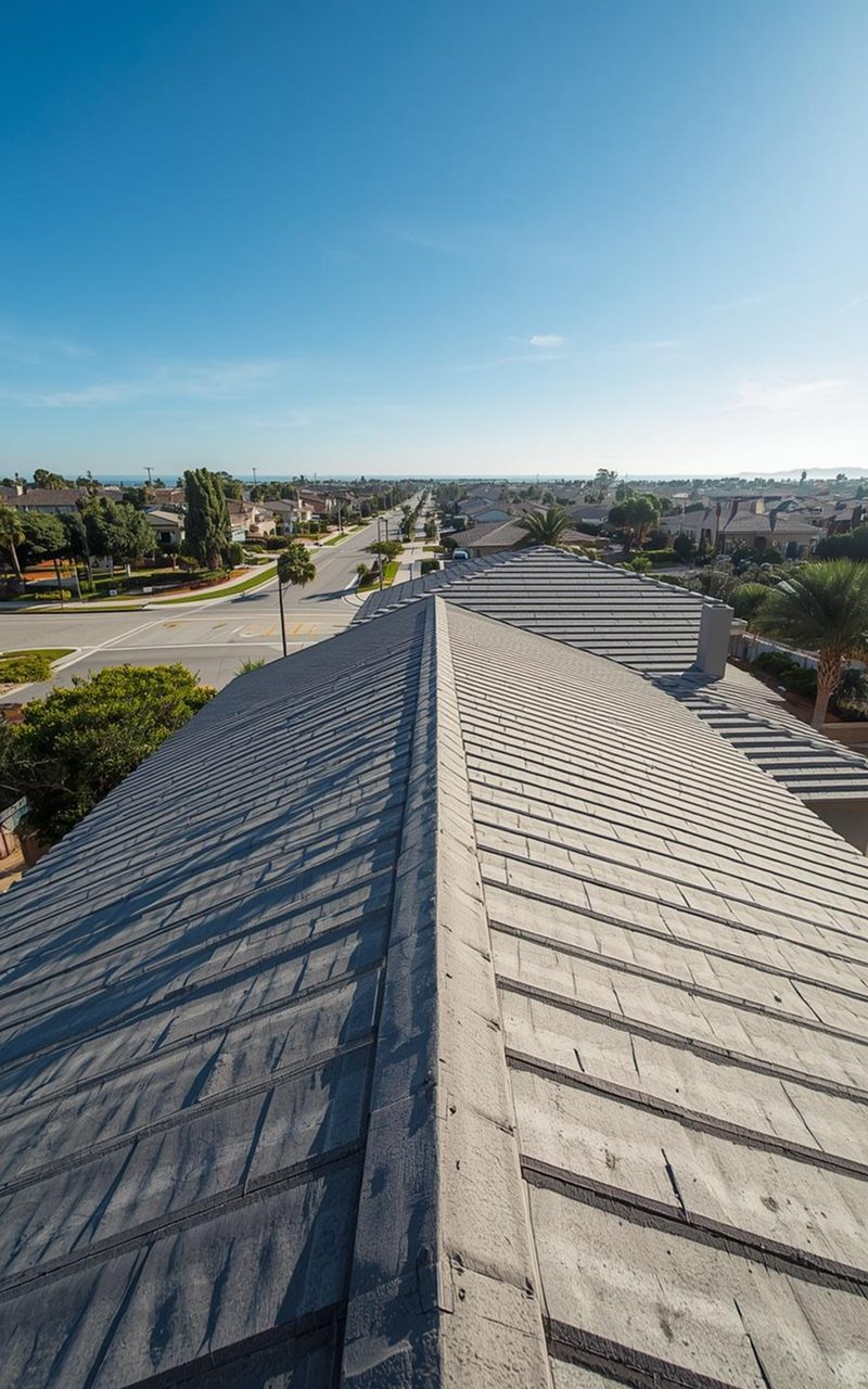 Residential roofing inspection view showing a durable shingle roof system with clean lines and proper alignment, highlighting long-lasting protection, weather resistance, and a well-maintained structure in a suburban neighborhood setting