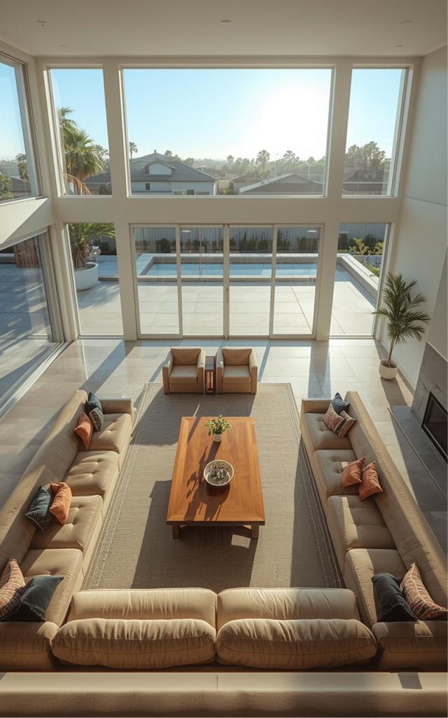 Modern home remodeling in La Jolla featuring a bright double-height living room with floor-to-ceiling windows, open seating layout, natural light, and seamless indoor-outdoor connection to a backyard pool