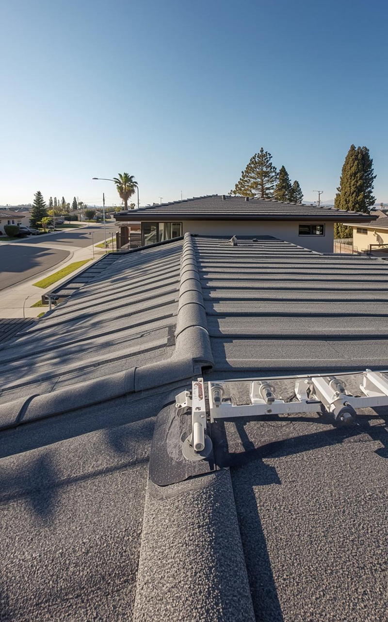 Tile roofing installation with ridge alignment and mounted solar equipment, showcasing a durable and energy-efficient roof system designed for long-term performance, weather resistance, and clean integration with modern residential structures