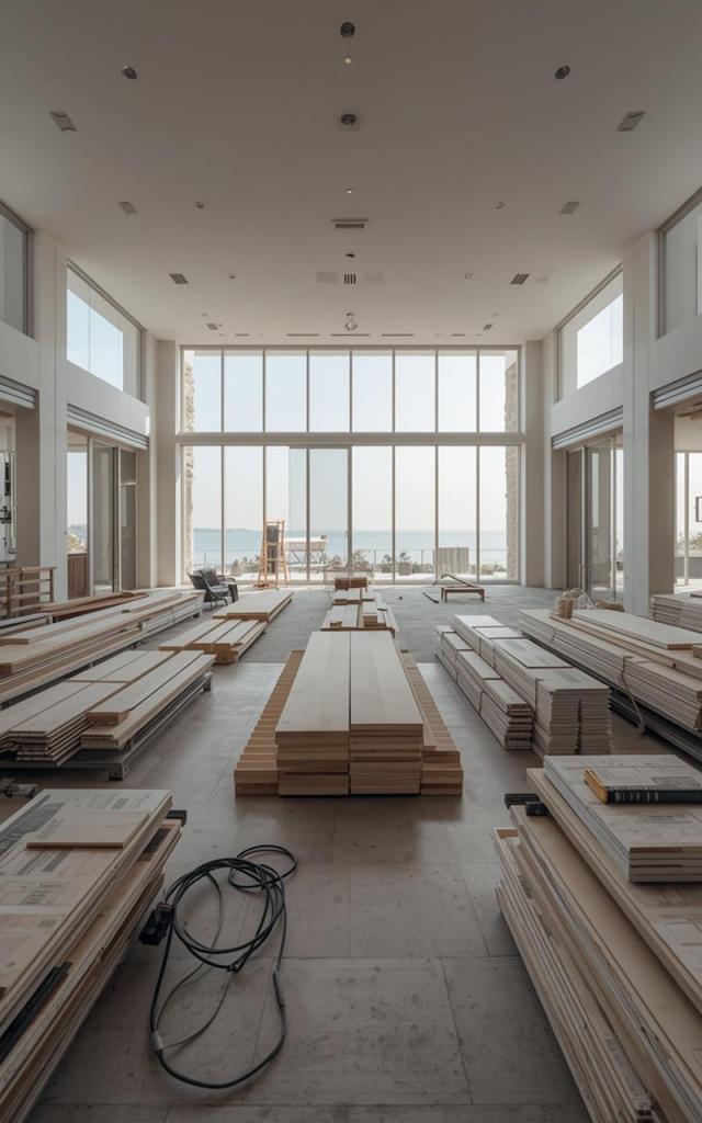 Careers in home remodeling with hands-on experience in modern construction projects, featuring a large open workspace with materials prepared for installation and high-end residential build development