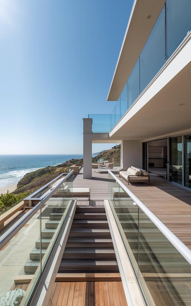 Deck construction Group featuring multi-level coastal deck, glass railings, and modern outdoor living space with ocean views