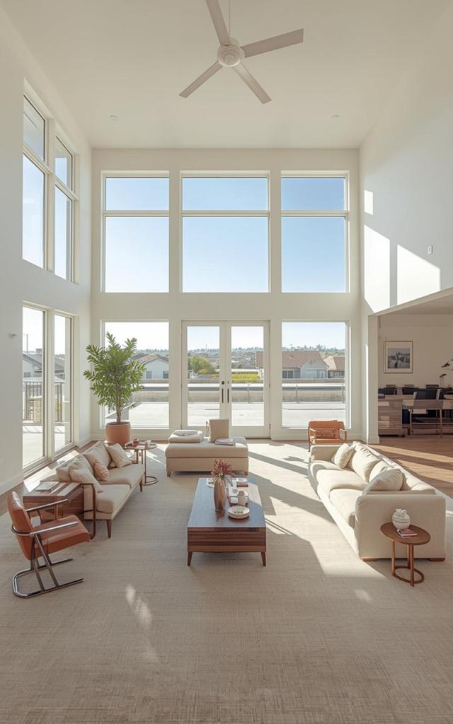 Modern living room remodeling in Santee with double-height ceilings, oversized windows, abundant natural light, neutral tones, and an open layout creating a bright and airy contemporary space