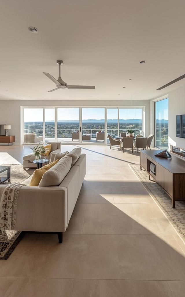 Modern living room remodeling in Rancho Peñasquitos featuring an open-concept design with floor-to-ceiling glass doors, panoramic views, natural light, neutral tones, and seamless indoor-outdoor living space