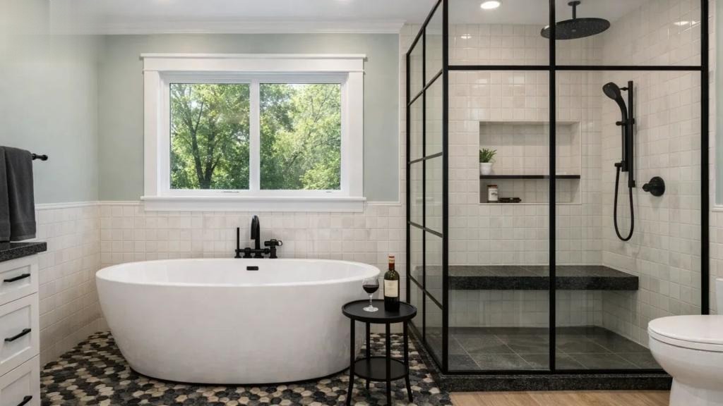 Modern bathroom remodeling design with freestanding tub and glass shower by IO Builders Group
