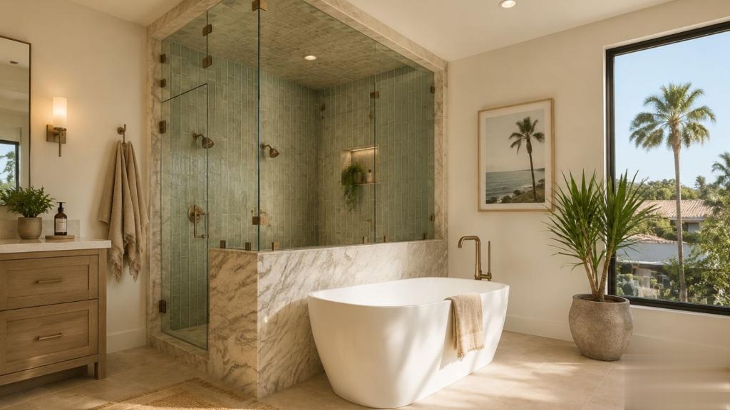 Modern bathroom in San Diego with a walk-in shower and freestanding tub, showcasing design, light, and layout
