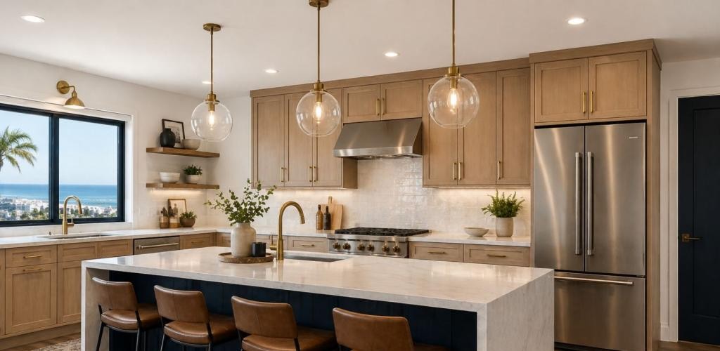 Luxury kitchen remodel featuring a large waterfall island, custom wood cabinets, pendant lights, stainless steel appliances, and ocean view window.